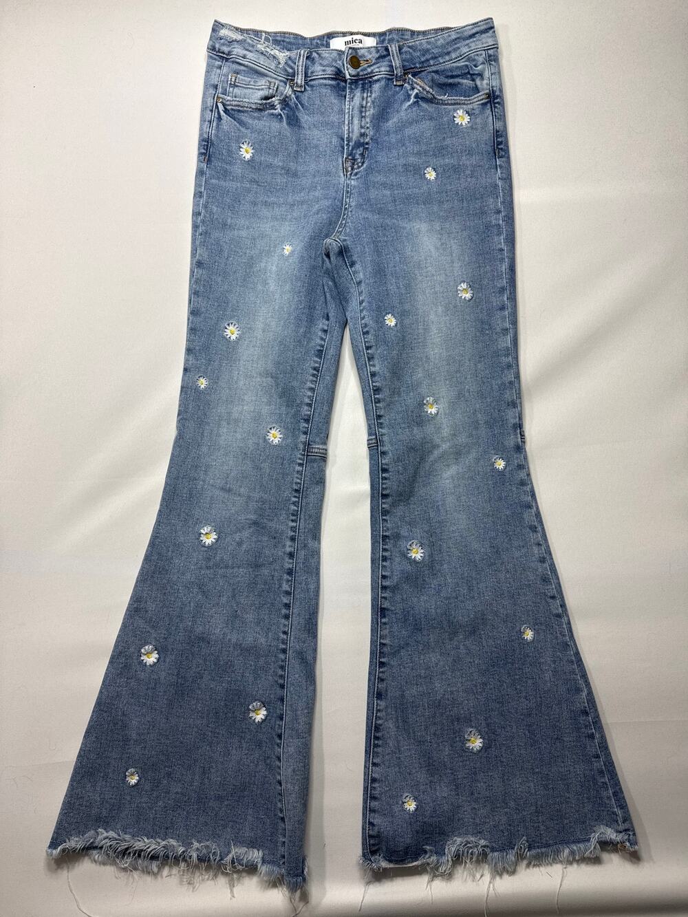 Mica Denim Women's Daisy‎ Embroidered Flare Stretch Blue Jeans - Size 30 (30x31)